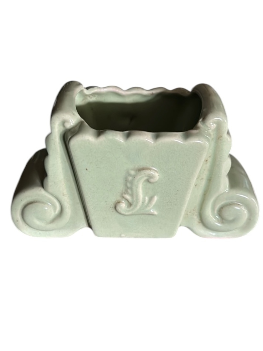 Vintage Sage Green Chariot Scroll End Ceramic Planter